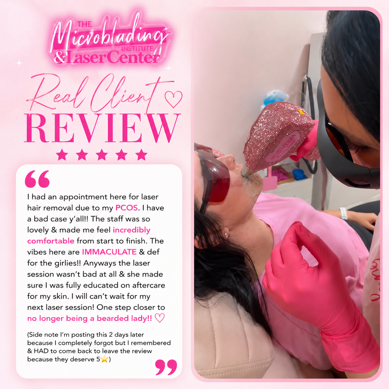 Five-star PCOS laser hair removal client review in Lafayette