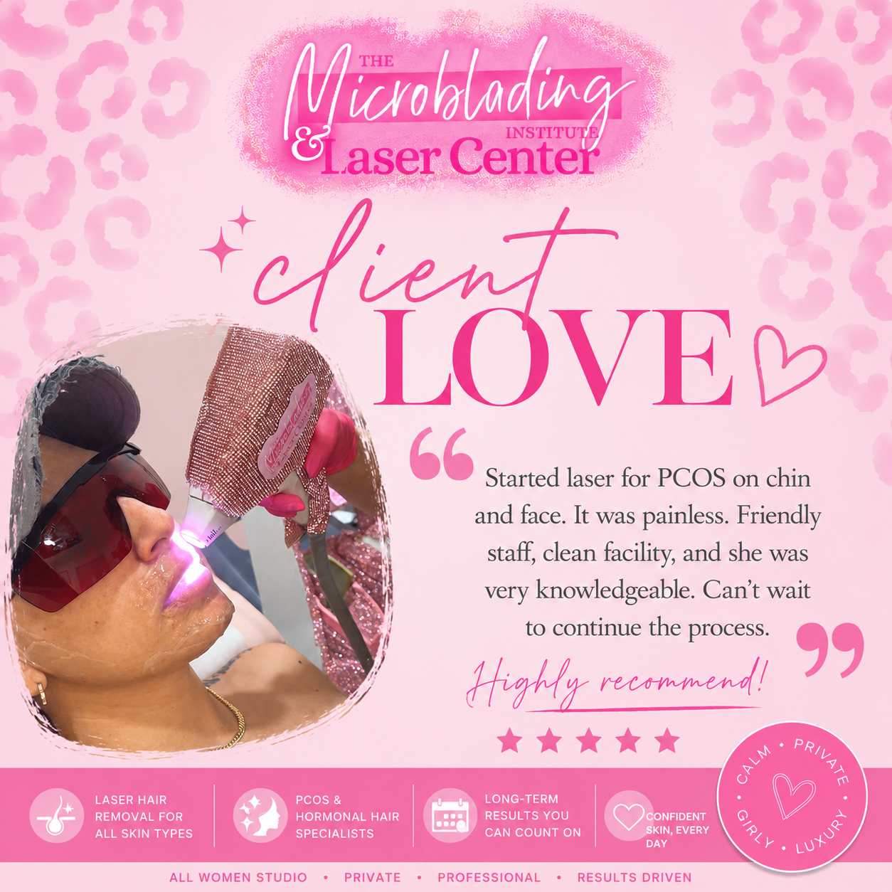 Client review for PCOS laser hair removal in Acadiana